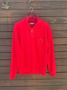 Vintage Men's Red Quarter-Zip Sweater with Chest Pocket